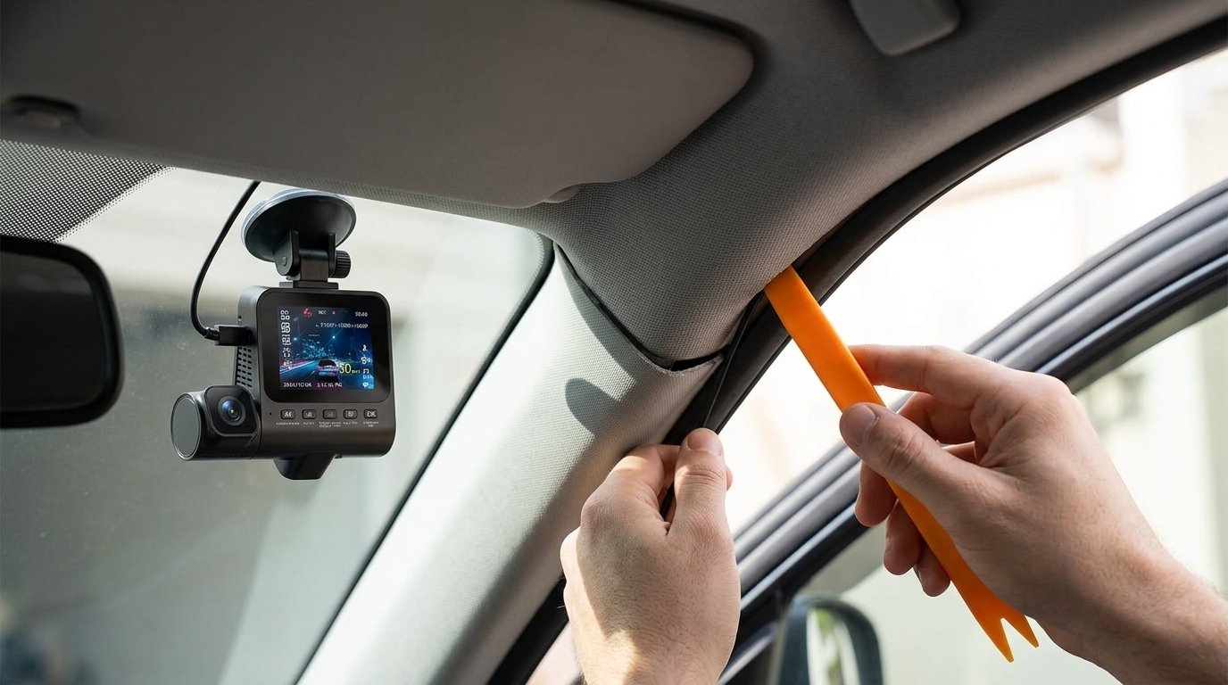 Tucking wire into car roof headliner with pry tool